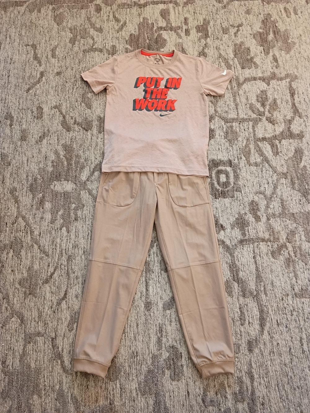 Nike Tan Kids Shirt with Orange 'Put In The Work' Graphic & Tan Jogger Pants